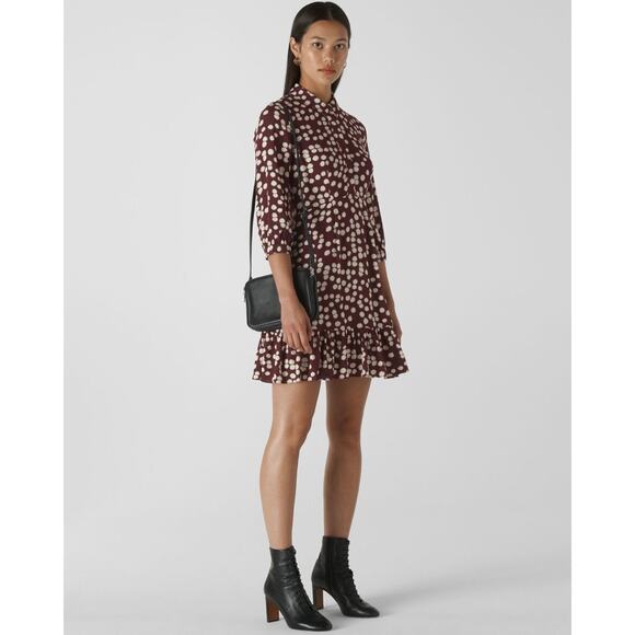 Whistles Burgundy Illustrated Flower Dress Collared Short Ruffle Hem Size 6 - Picture 1 of 12